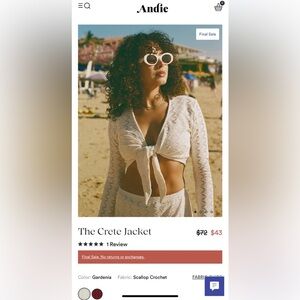 ANDIE SWIM THE CRETE JACKET GARDENIA WHITE LARGE NWT